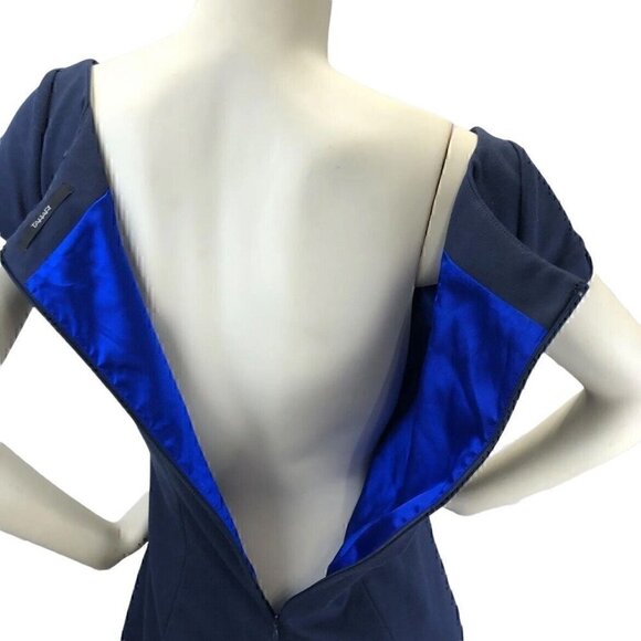 Tahari Stretch Knit Dress Solid Navy Blue Career Fitted Pleated Lined Mini Sz 10 - Picture 6 of 8